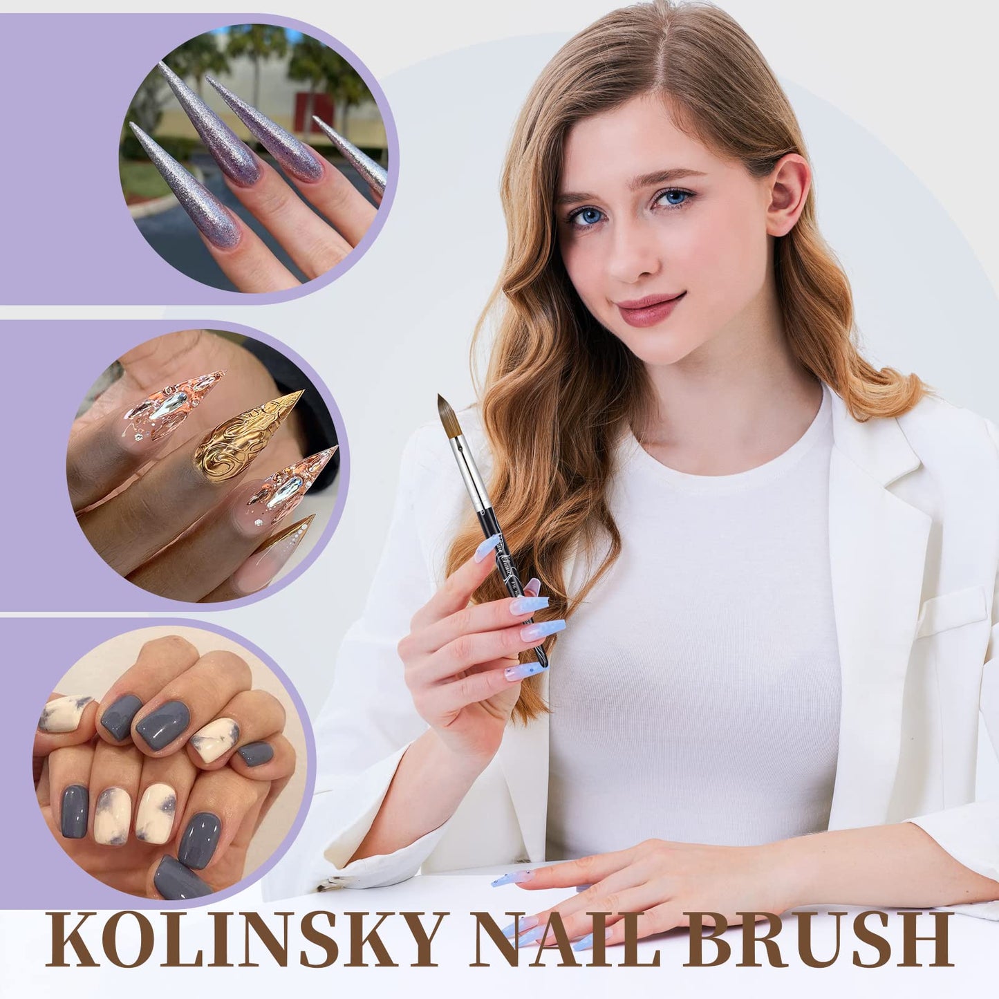 Shine Chance 2Pcs Acrylic Nail Art Brushes Size 8 10, 100% Pure Kolinsky Hair Oval Nail Brush for Acrylic Application, Professional Nail Extension Manicure Tool Striping Nail Drawing Pen for Home