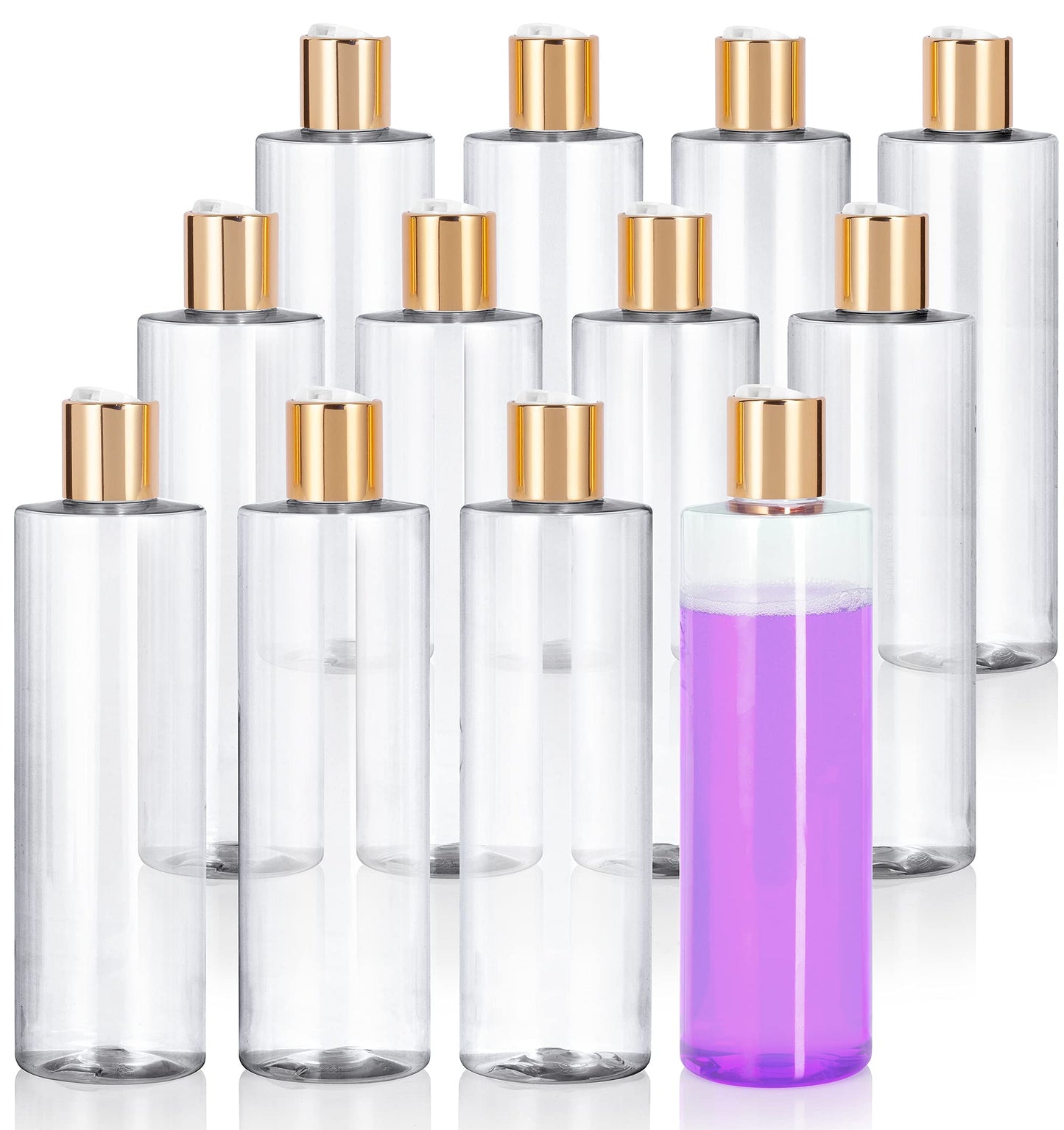 8 oz Clear Professional Cylinder PET Plastic Bottles (BPA Free) with Gold Disc Cap Lid (12 pack)