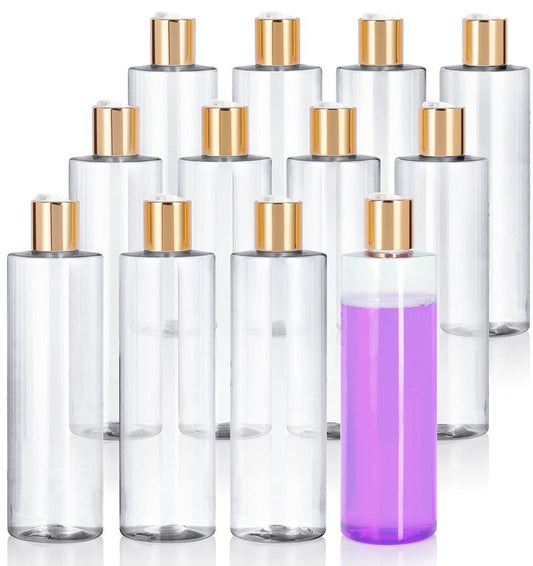 8 oz Clear Professional Cylinder PET Plastic Bottles (BPA Free) with Gold Disc Cap Lid (12 pack)