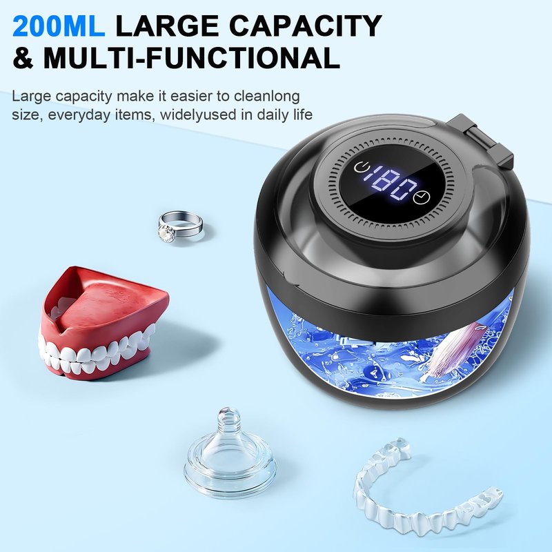 45kHz Ultrasonic Retainer Cleaner Machine, 200ML Denture Cleaner, 4 Modes with Digital Timer Mouth Guard Cleaner, Night Guard Cleaner Dental Cleaning Pod for Aligner, Braces, Jewelry (Dark Black)