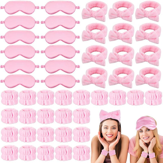 Xtinmee 48 Pcs Sleepover Party Favors Spa Headband Bulk for Slumber Party Supplies Pink Wristband Eye Mask for Girls Women Birthday(Pink)