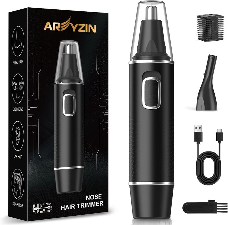 AREYZIN Nose Hair Trimmer for Men - Rechargeable 2-in-1 Ear & Nose Trimmer | IPX7 Waterproof, Painless Dual Edge Blades (Black)