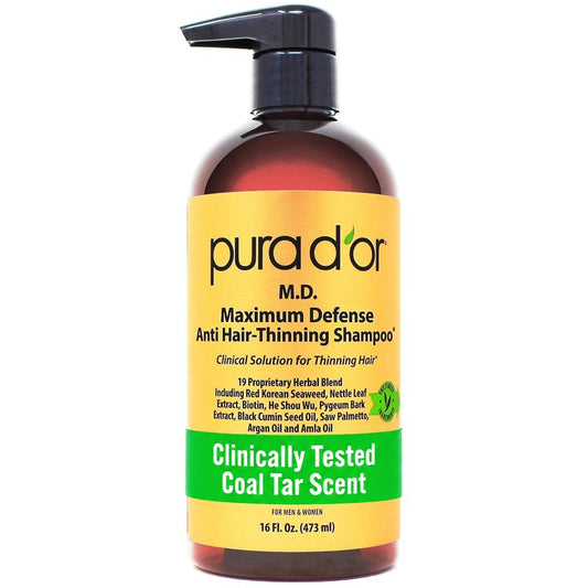 PURA D'OR MD Anti-Hair Thinning Maximum Defense Shampoo - 0.5% Coal Tar, Biotin, Proprietary Herbal Blend For Dry & Itchy Scalp, No Sulfates - For Men & Women, Strong Coal Tar Scent 16 Oz