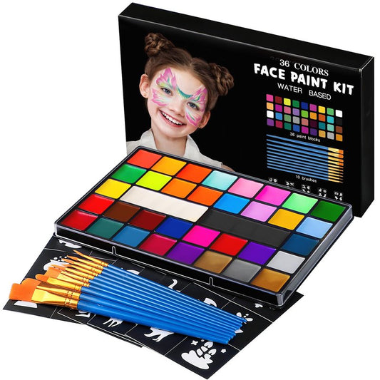 Face Painting Kit for Kids, 36 Colors Water Activated Face Paint with Brushes & Stencils, Non-Toxic Halloween Makeup Kit, Professional Face Body Paint for Halloween, Parties, Carnival, School Events