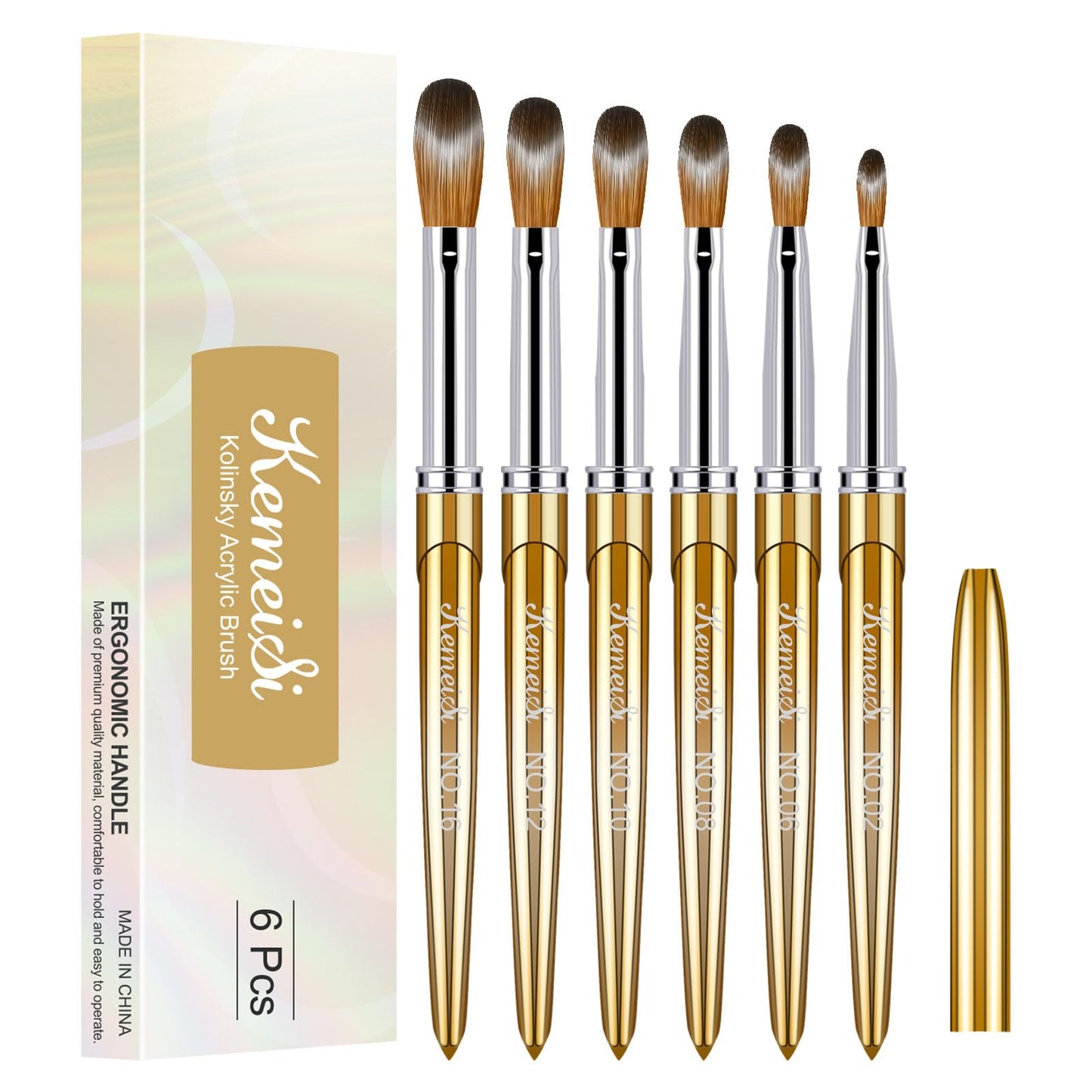 KEMEISI Acrylic Nail Brush Set, Size 02/06/08/10/12/16 Kolinsky Nail Art Brushes for Acrylic Application, Sturdy Handle Oval Shaped Acrylic Powder Nail Design Tools for Professional Manicure DIY Home