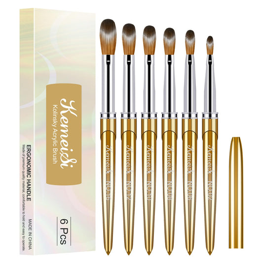 KEMEISI Acrylic Nail Brush Set, Size 02/06/08/10/12/16 Kolinsky Nail Art Brushes for Acrylic Application, Sturdy Handle Oval Shaped Acrylic Powder Nail Design Tools for Professional Manicure DIY Home
