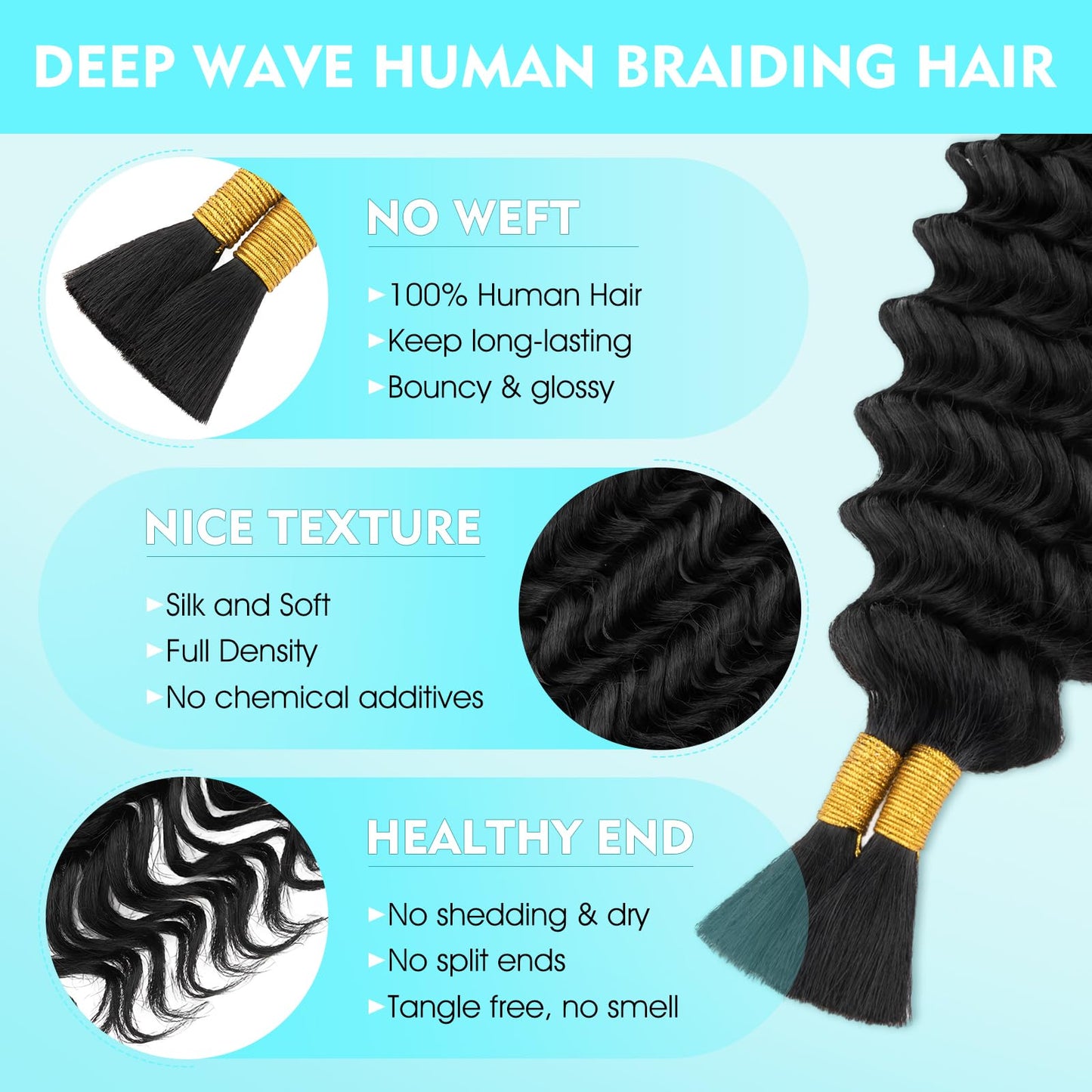S-noilite Human Braiding Hair for Boho Braids 100% Unprocessed Brazilian Virgin Bulk Hair 1 Bundles/Pack 50g 24 Inch Deep Wave Bundles Human Hair for Bohemian Knotless Braids No Weft #1B