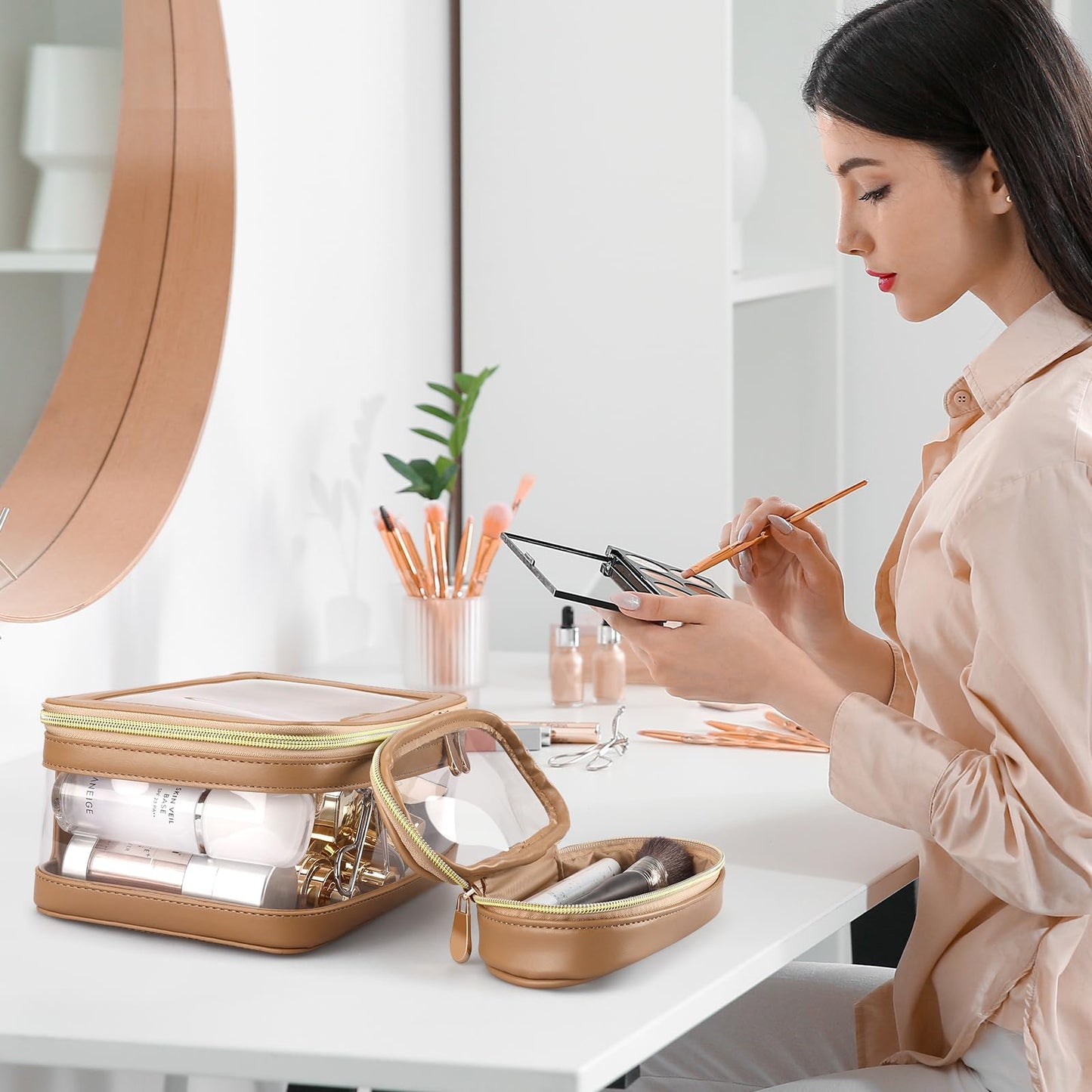 YAASHEEN Clear Makeup Bag Organizer, 2-Piece Makeup Organizer Set (Large & Small) for Home, Office, Travel or Car Use, Holds Cosmetics, Skincare, Stationery, Tech Accessories (Brown)