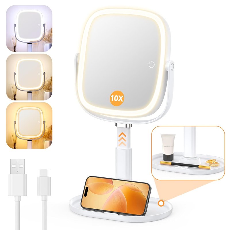 Lighted Makeup Mirror with 1X/10X Magnification - Adjustable Height, 4000mAh Battery, 3 Color Lights | White