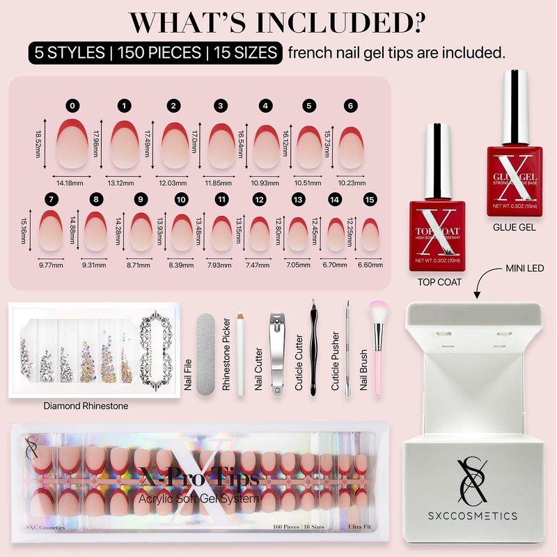 SXC Cosmetics French Tip Press On Nails – Red Series, Extra Short Almond Fake Nails X-Pro Tips Starter Kit | 160PCS, 16 Sizes, 5 Styles, Beginner-Friendly