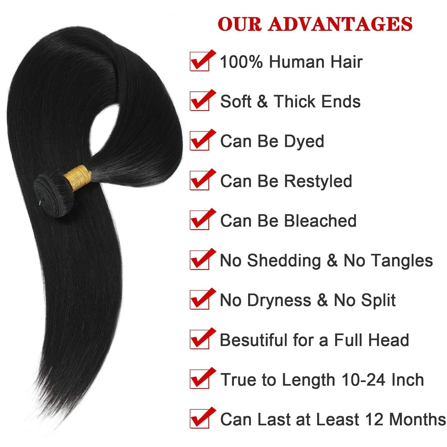 NROOEAY Straight Bundles Human Hair 24 inch 100% Unprocessed Brazilian Straight Hair Bundles 12A Remy Virgin Retain the Intact Cuticle, Long Lifespan
