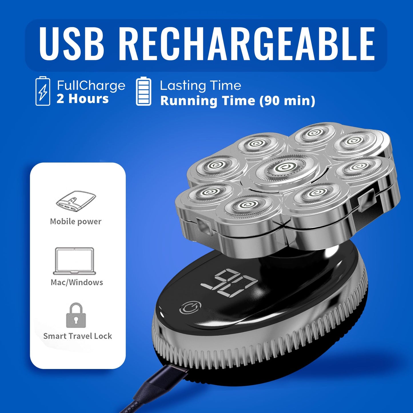 Head Shavers for Bald Men 6 in 1 - Head Shaver Kit Wet/Dry Multidirectional Floating of 9D Knife Rechargeable Head Bald Shavers for Men Wire USB + Manual