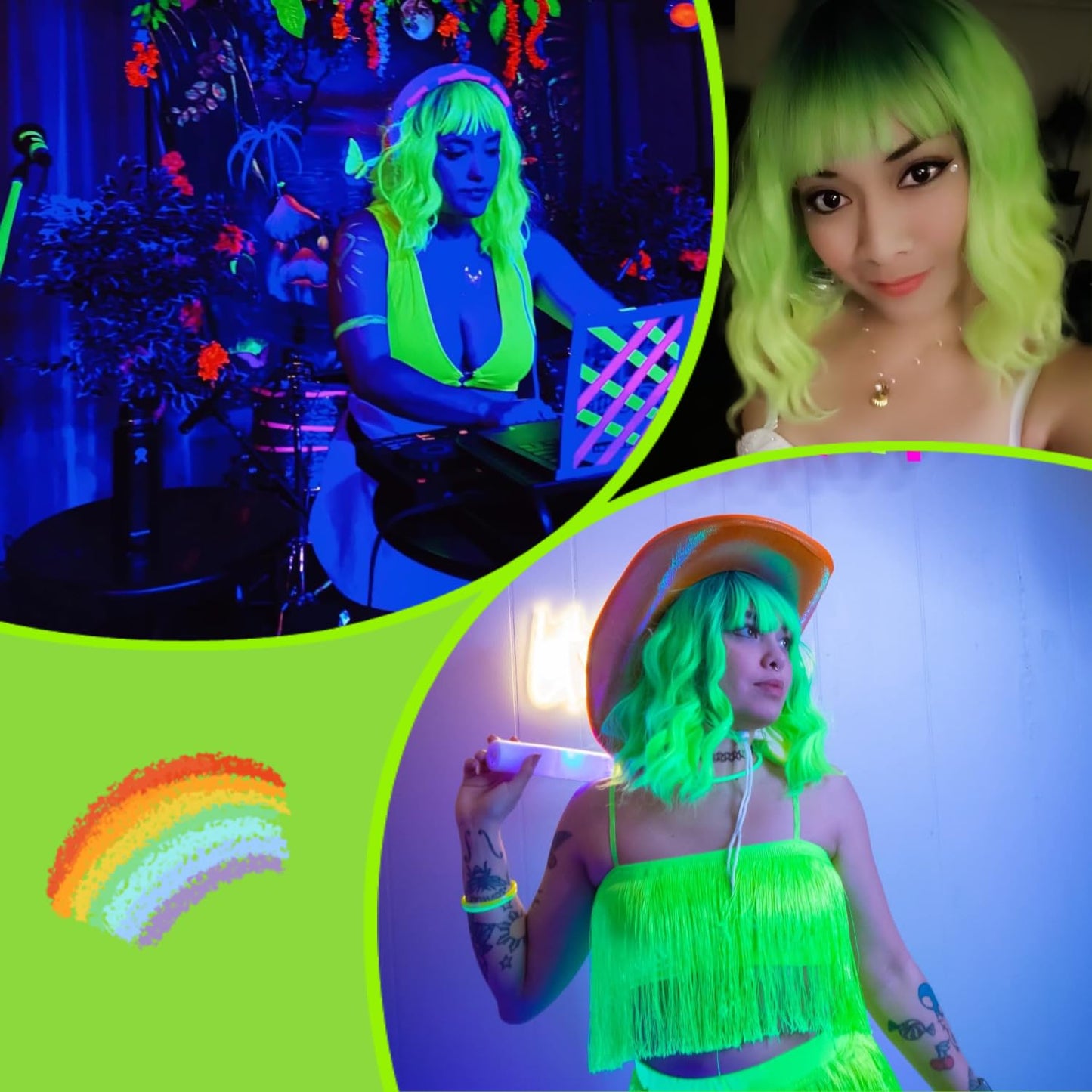 incohair Ombre Green Wigs for Women 14 Inches Short Wavy Neon Green Wig With Bangs Fluorescent Green Short Wigs for Cosplay Party Daily Wigs Wig Cap Included