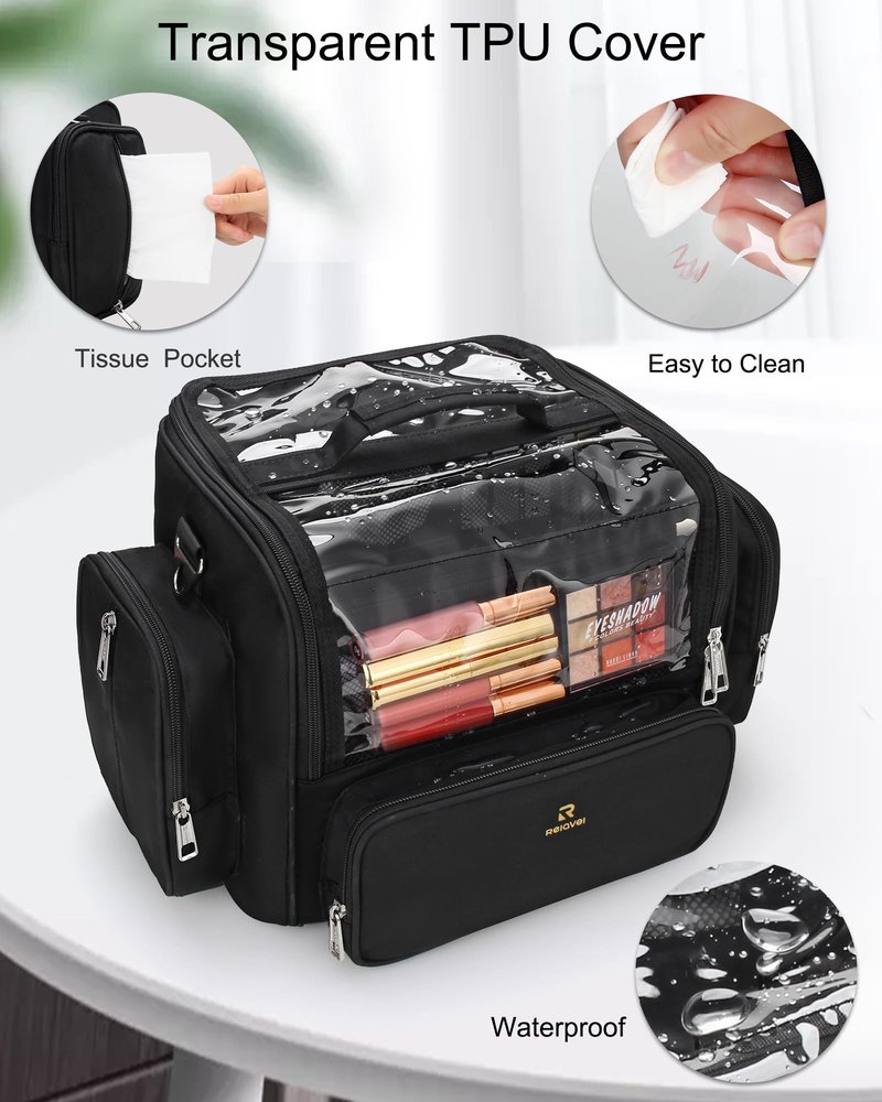 Makeup Brush Bag, Clear Makeup Brush Holder with Lid, Extra Large Capacity Travel Cosmetic Bag Makeup Artist Must Haves, Black Makeup Case, Make Up Organizers and Storage, with Adjustable Dividers