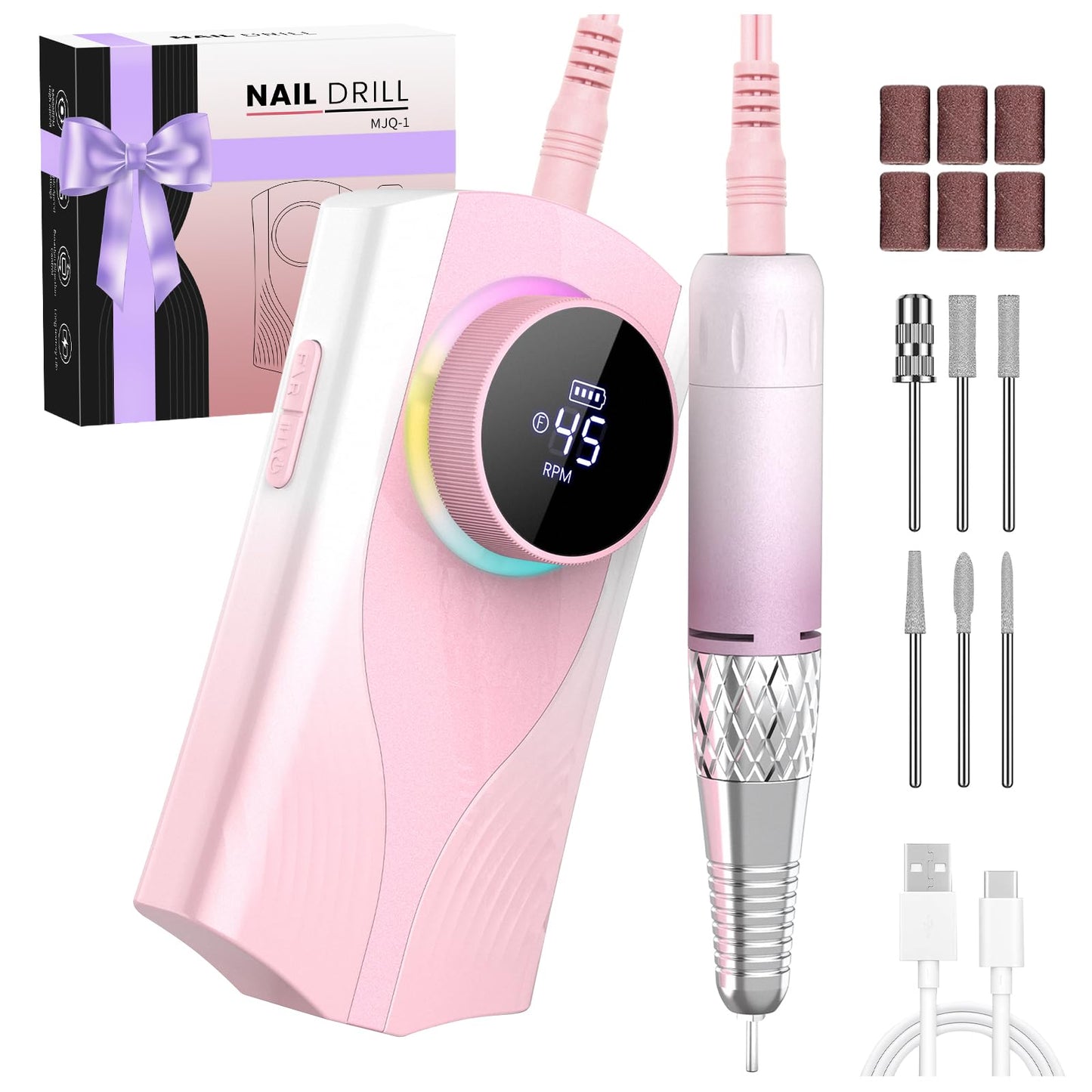 KISUFU Professional Nail Drill for Nail Technicians - 45000RPM Electric Nail File with 1800mAh Battery - Portable E-File with Digital Display and Belt Clip - Gradient Pink Manicure Set with 6 Bits.