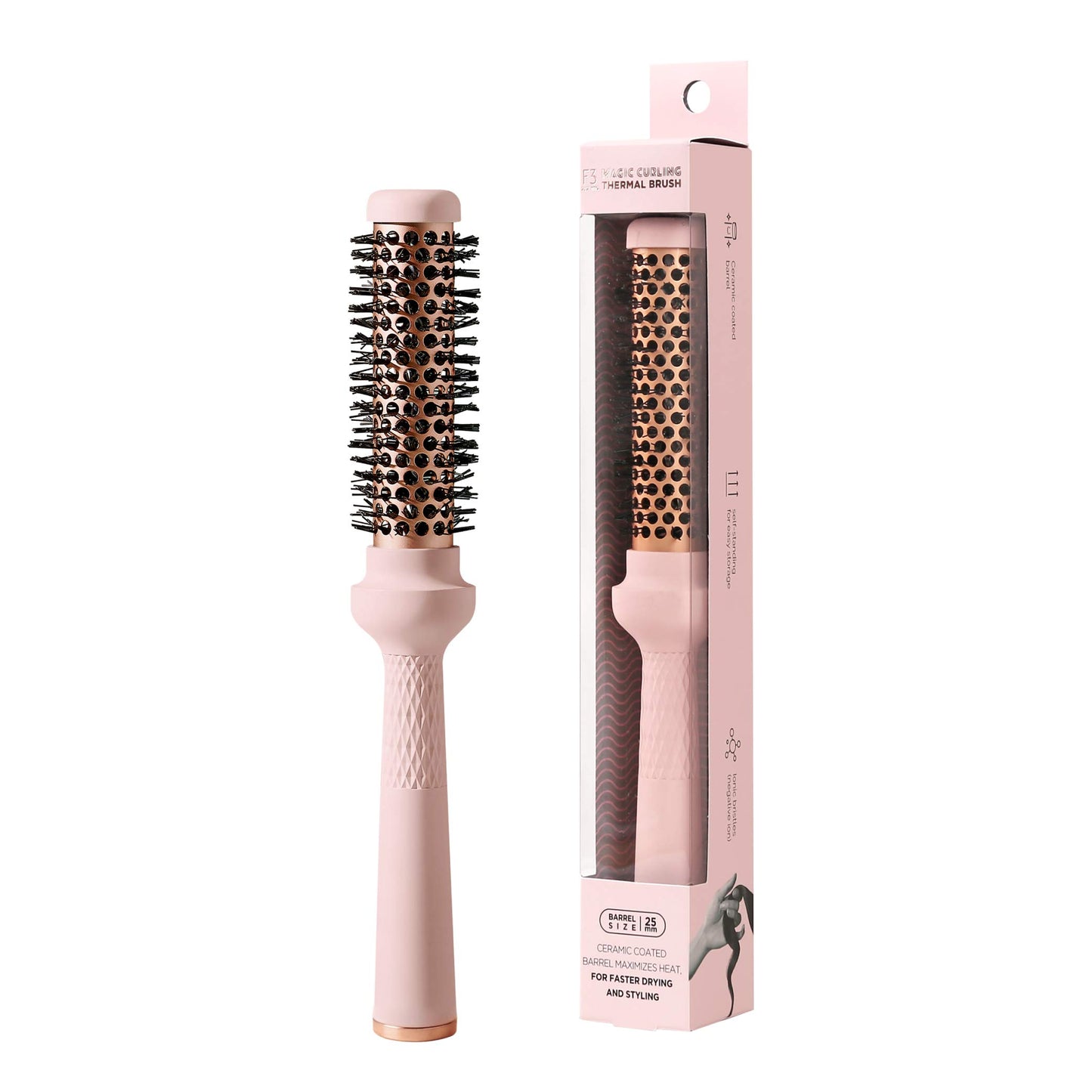 F3 Systems Magic Curling Round Brush (1 Inch) - Non-electronic, Self-Standing Round Brush, Great Blowout, Ceramic Coated Barrel, Quick Styling, Ionic Thermal Barrel, Volumizer, Styler