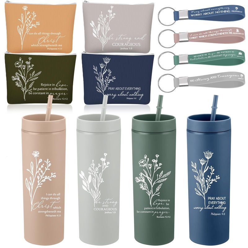 Fumete 4 Set Christian Appreciation Gifts for Men 16oz Skinny Cup Religious Cosmetic Bag and Bible Verse Keychain Church Gifts for Women Father Dad Teacher Nurse(Classic Color,Floral)
