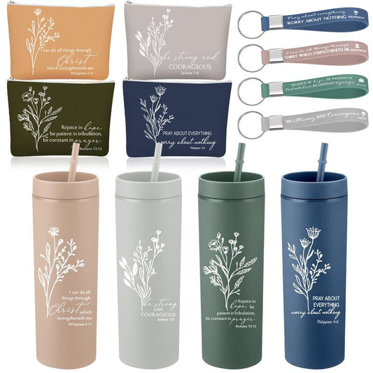 Fumete 4 Set Christian Appreciation Gifts for Men 16oz Skinny Cup Religious Cosmetic Bag and Bible Verse Keychain Church Gifts for Women Father Dad Teacher Nurse(Classic Color,Floral)