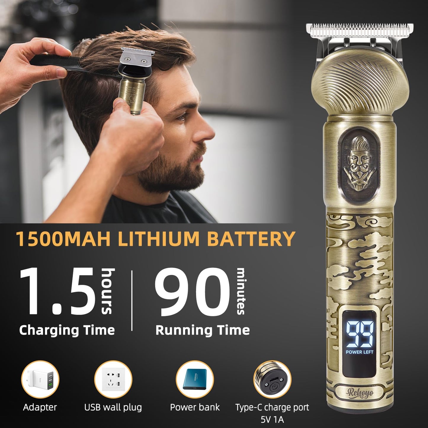 REHOYO Beard Trimmer for Men, Waterproof Cordless Hair Clipper, Electric Razor Shaver, Mens Grooming Kit for Mustache Nose Body Facial Hair, Rechargeable Beard Trimmer Kit, Gifts for Men