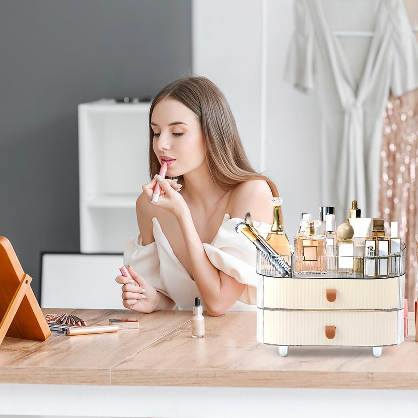 Ruiqas Makeup Organizer Countertop with 2 Drawers and 1 Clear Tray Stackable Skincare Cosmetics Storage Box for Vanity and Bathroom Countertop