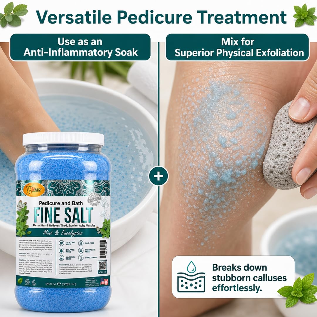 SPA REDI - Detox Foot Soak Pedicure and Bath Fine Salt, Mint and Eucalyptus, 128 Oz - Made with Dead Sea Salts, Argan Oil, Coconut Oil, and Essential Oil - Hydrates, Softens & Moisturizes Pkg May Vary