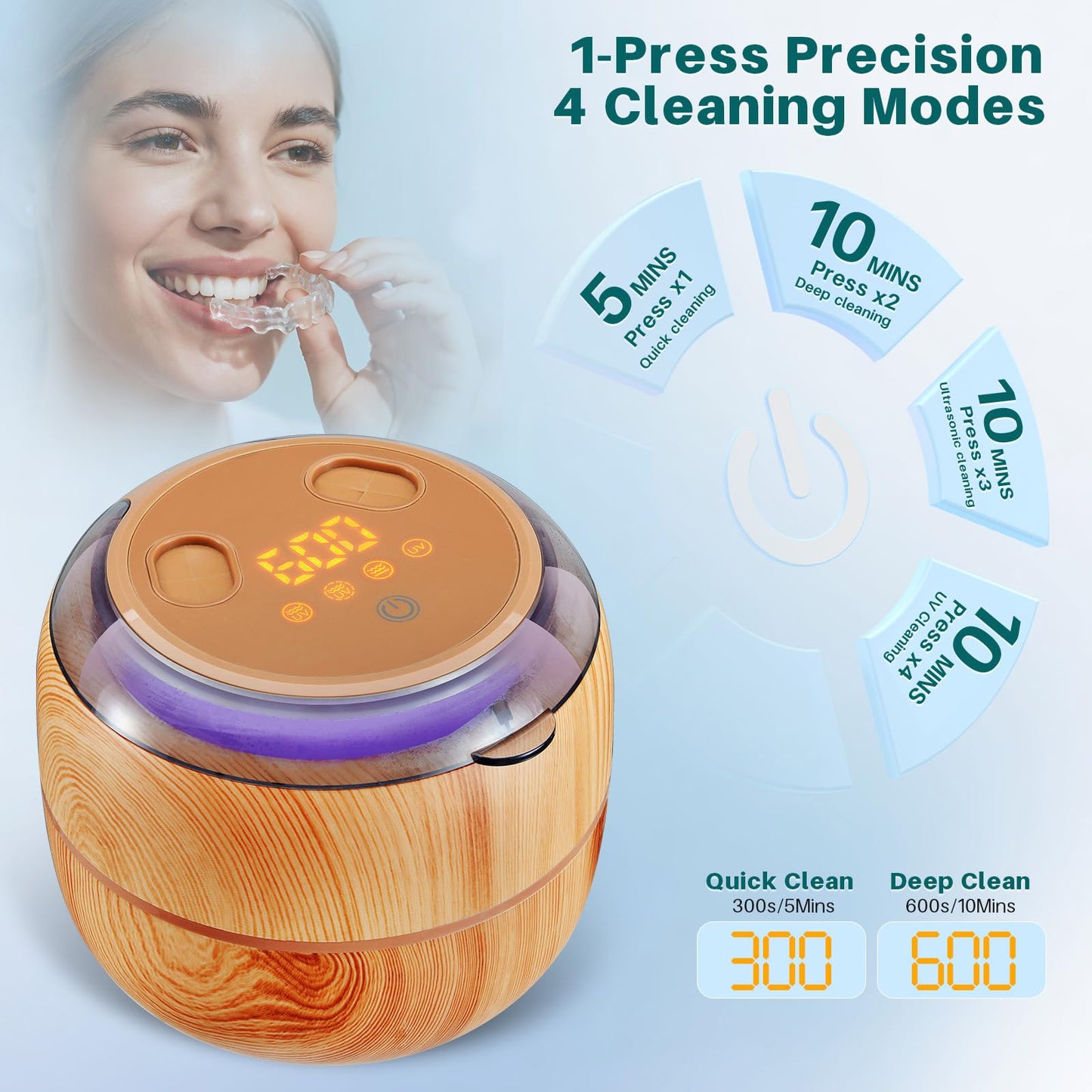 Voraiya Ultrasonic Retainer Cleaner Machine, 360° UV Cleaning Denture Pod, 45kHz Ultrasonic Dental Cleaner Mouth Guard Cleaner for Aligner, Night Guard, Braces, Toothbrush, Jewelry, Ring