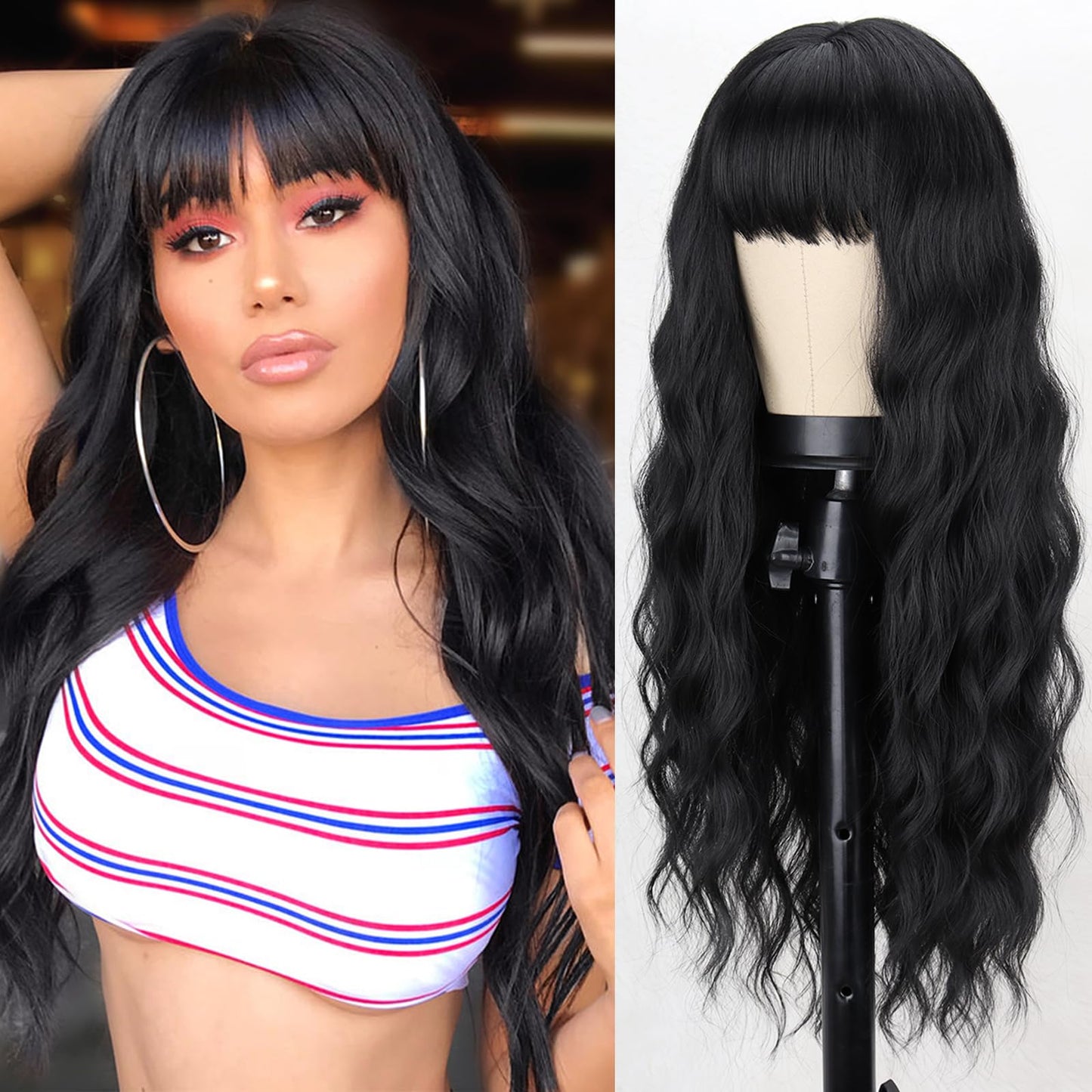 MERISIHAIR Long Black Wig with Bangs,26 Inches Synthetic Wavy Bang Black Wigs for Women, Women Long Curly Heat Resistant Hair Wig,Cosplay Selena Black Wig