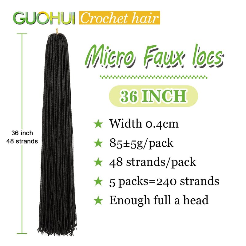 GUOHUI Micro Faux Locs Crochet Hair, 36 Inch 5 Packs Color Natural Black DIY Braids Straight Styles (36",1B)