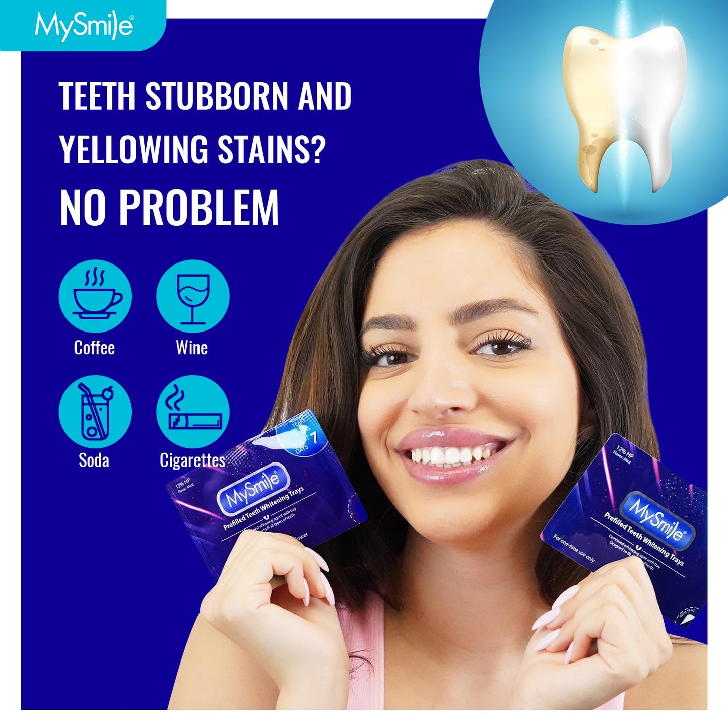 MySmile 7 Treatments Prefilled Teeth Whitening Trays Kit with 12% Hydrogen Peroxide Whiter Gel for Sensitive Tooth, Fast-Result Vegan Teeth Whitener U-Wraps Tooth Stain Remover, Mint Flavor