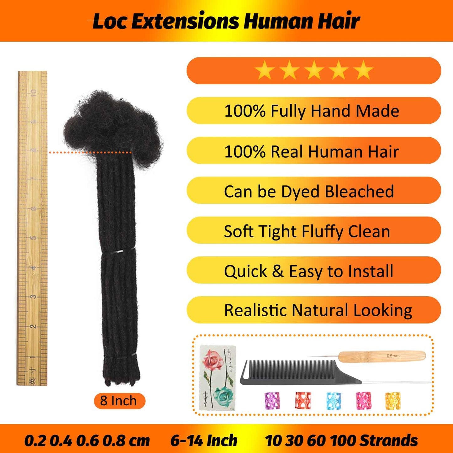 Loc Extensions Human Hair 0.4 cm 8 Inch 30 Strands Dreadlock Extensions Human Hair Loc Extensions Dreads Extensions for Men Women Kids Real Human Hair Locs 1B Natural Black Handmade Permanent Locs
