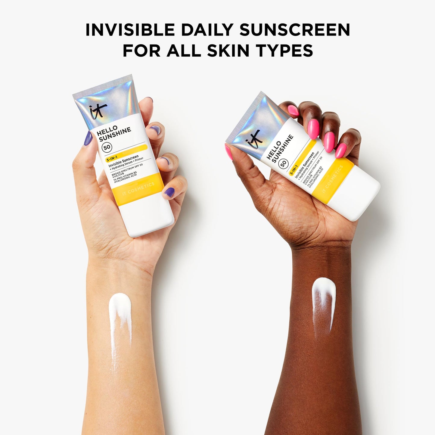 IT Cosmetics Hello Sunshine Invisible Sunscreen for Face SPF 50 - Sunscreen, Hydrating Serum & Makeup Primer - 1% Pro-Vitamin B5 & Hyaluronic Acid - HSA/FSA Eligible - No White Cast - 2.7 fl oz
