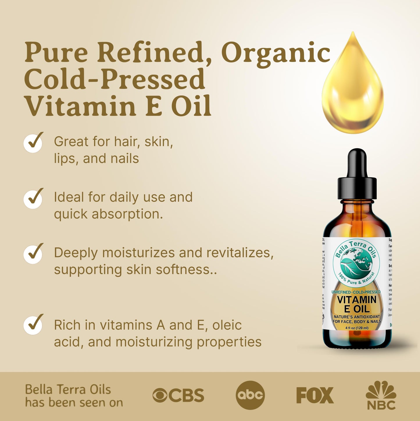 Bella Terra Oils Natural Vitamin E Oil 4oz – Wheat Germ Derived Vitamin E Oil for Soft, Healthy-Looking Skin