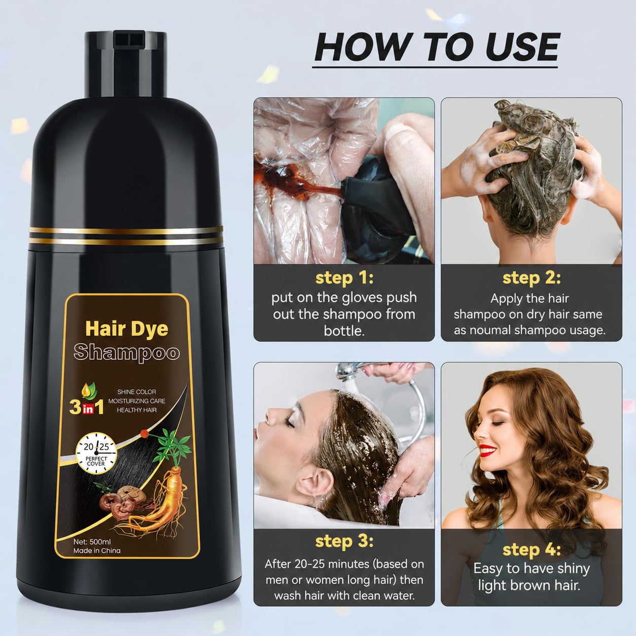 YOURTONE Light Brown Hair Dye Shampoo 3 in 1, Hair Color Shampoo for Gray Hair Coverage for Women Men, Herbal Formula, Lasts up to 30 Days (16.9 Fl Oz)
