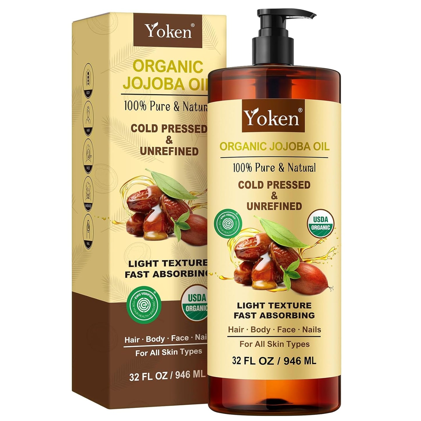 Yoken 100% Pure Jojoba Carrier Oil - Unrefined, Cold Pressed for Skin, Hair & Nails | 32 fl oz
