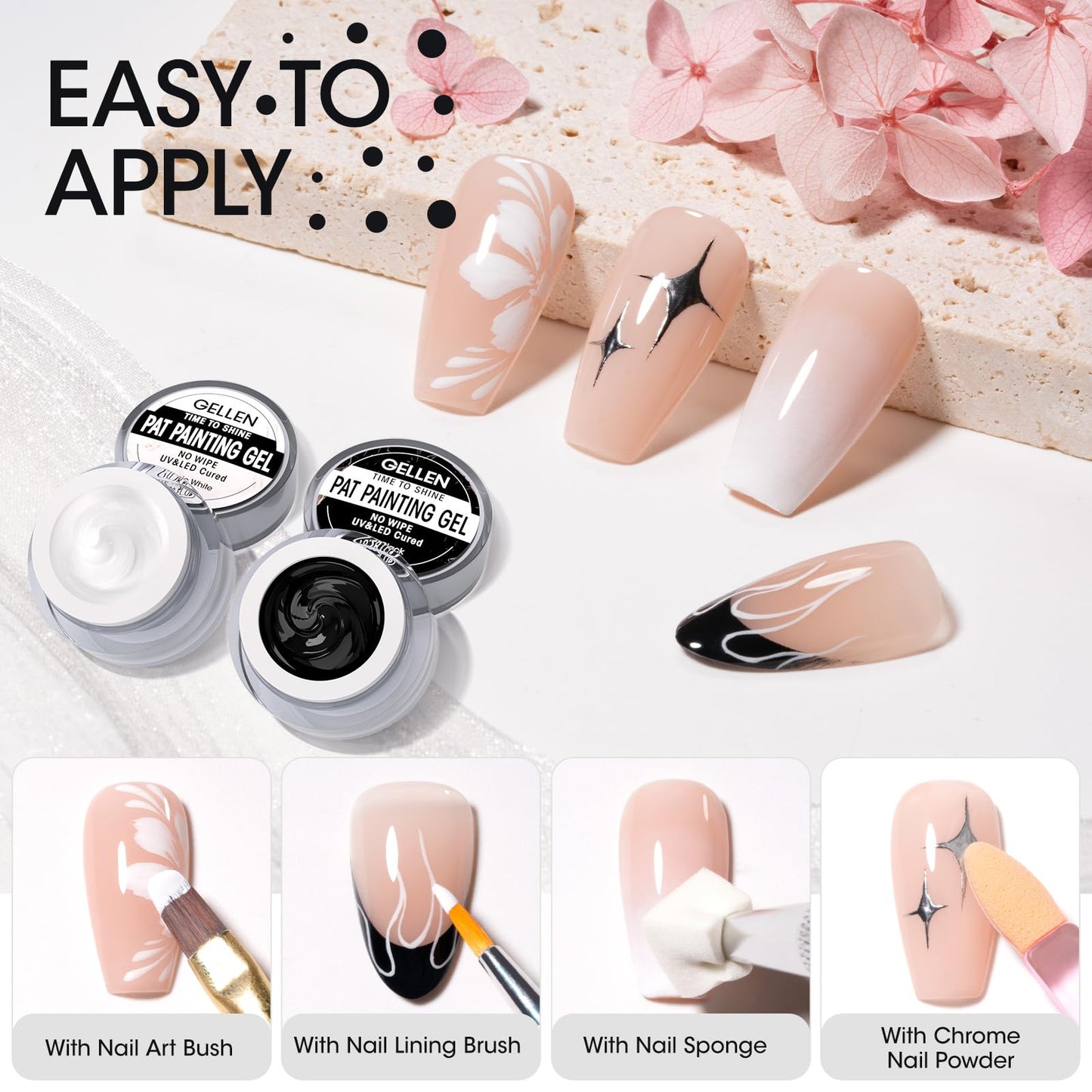 GELLEN Nail Painting Gel, 2Pcs 8G Black & White, No Wipe Pat Painting