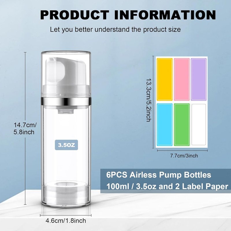 Airless Pump Bottles - 3.4oz/100ml Dispenser Jars for Moisturizers, Lotions & Creams | 6 Pack, Clear