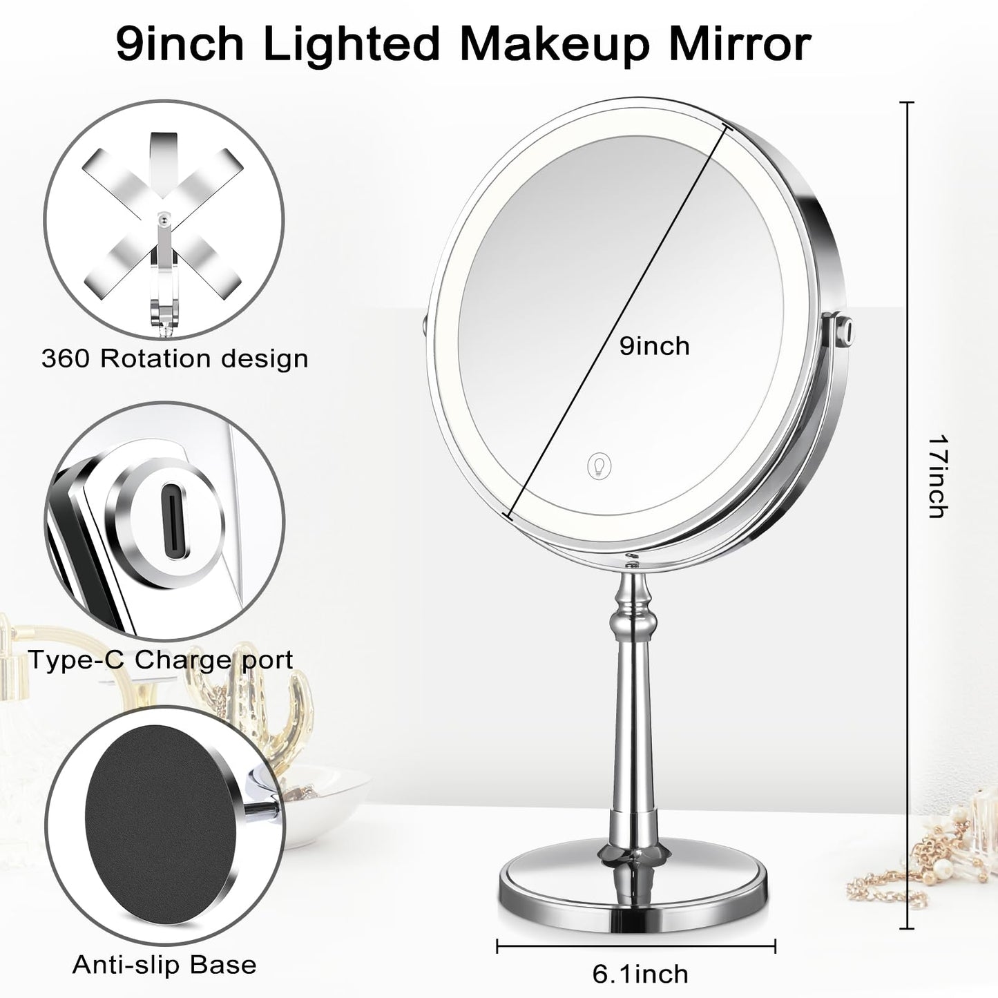 AMZNEVO Lighted Makeup Mirror, 9" Rechargeable Vanity Mirror with Lights, Double-Sided 1X/10X Magnification, 3 Color Lights, Brightness Adjustable, 360° Rotation