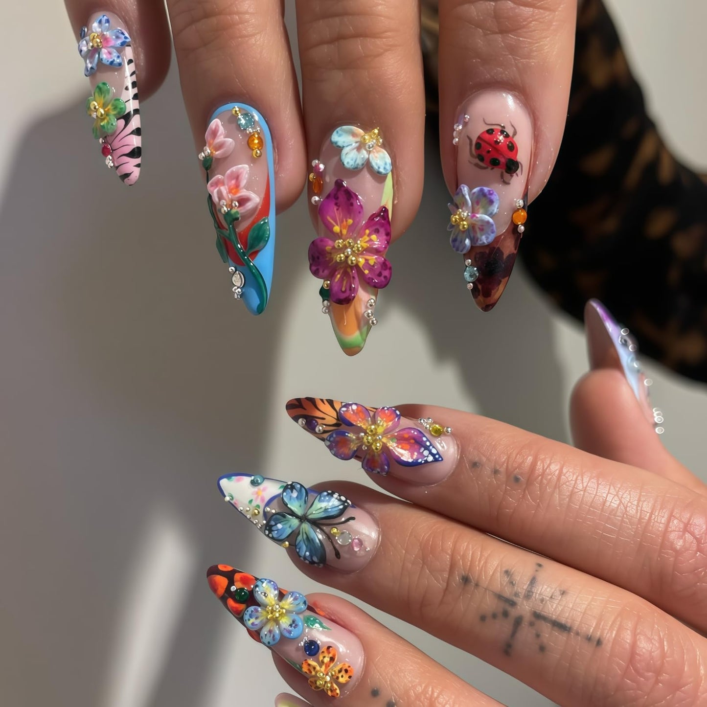 Handmade Acrylic Press On Nails Butterfly Cute Summer | Almond Nails Hand Painted 3D Floral | Reusable Vacation Style | Luxury Gift for Women (Long Almond & Size L) Headeer