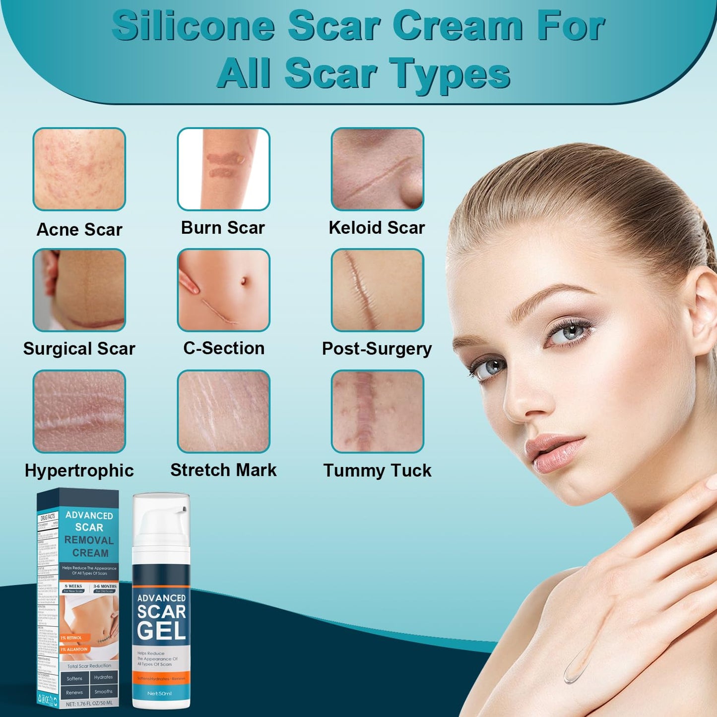 Scar Cream - Advanced Scar Gel for Old & New Scars | Professional Removal for Face, Body, Acne & More - 1.76oz