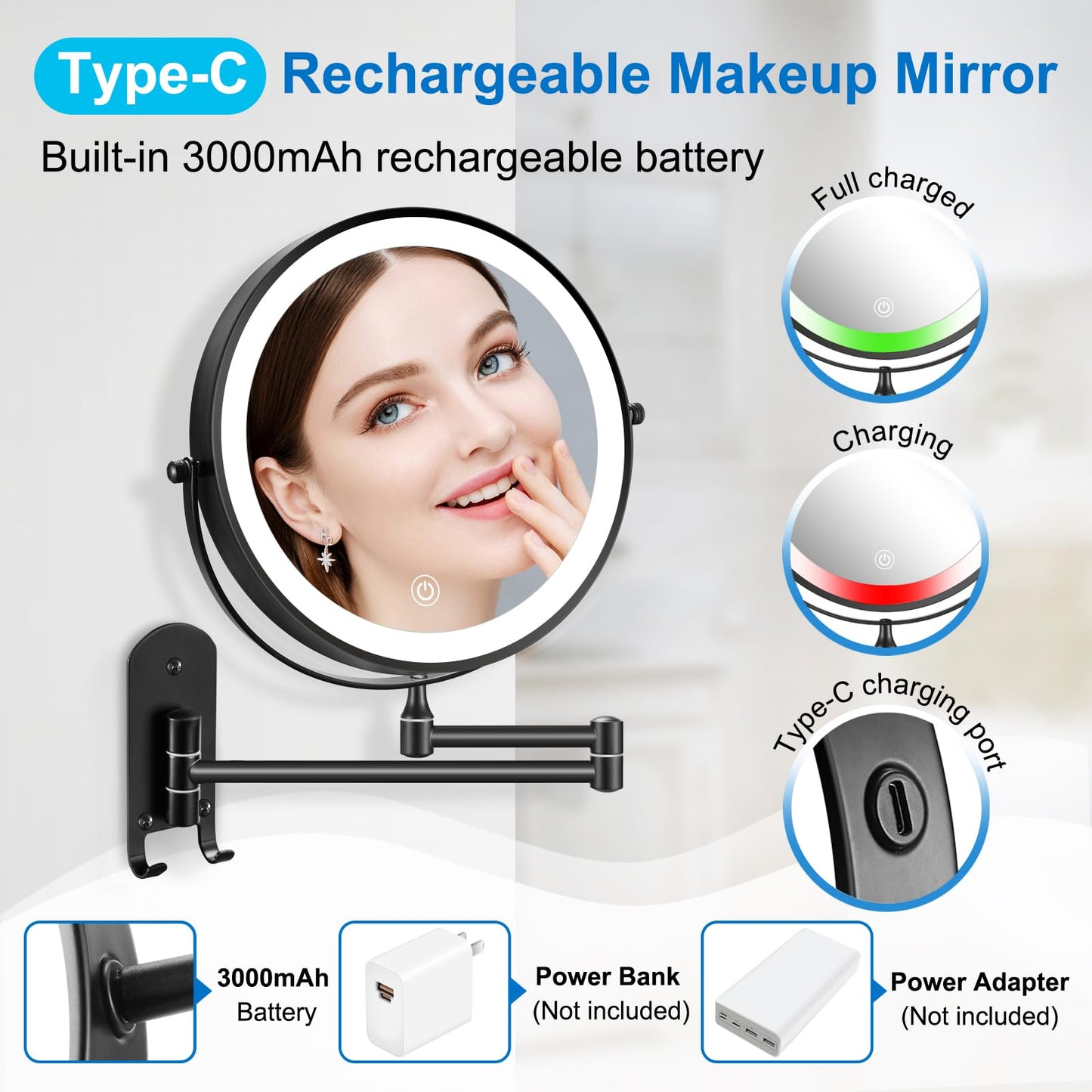 DECLUTTR 20X/1X Wall Mounted Makeup Mirror, 9 Inch Large Size Magnifying Mirror, 360° Swivel Extendable Mirror for Bathroom, Black