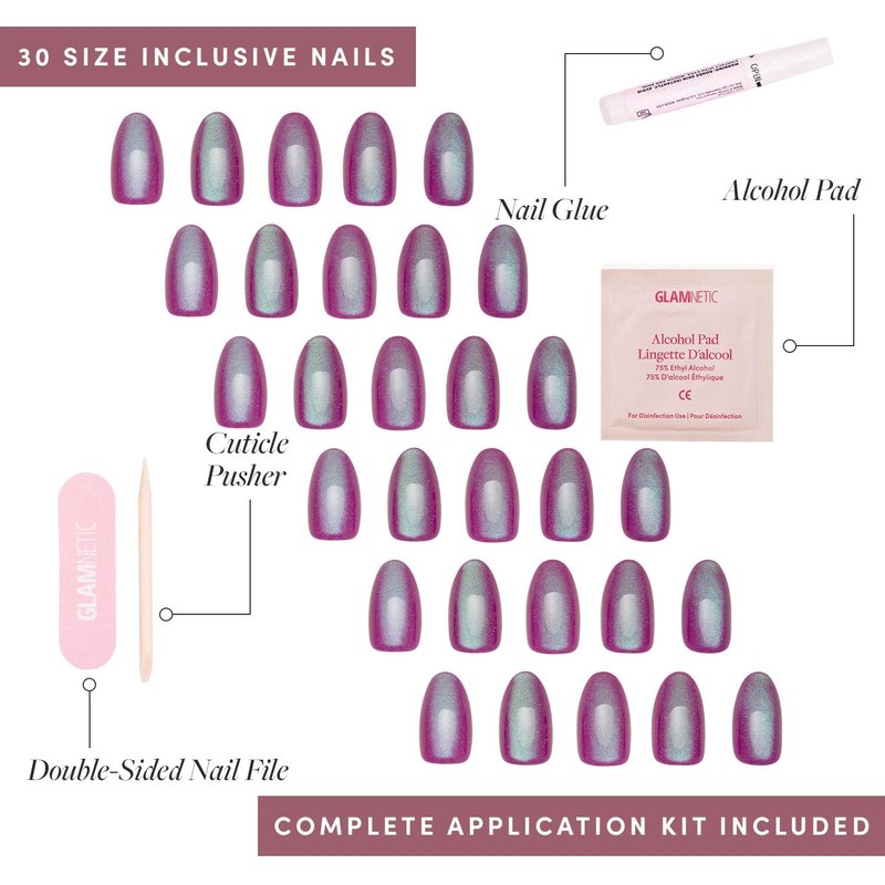 Glamnetic Press On Nails - Berry Fizz Short Oval Set | Reusable Magenta Metallic Finish | 30 Nails in 15 Sizes