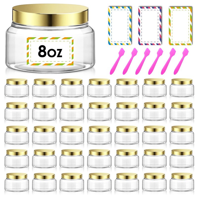36 Pack 8 oz Plastic Cosmetic Containers With Lids Refillable Clear Empty Travel Jars Containers for Body Butter,Sugar Scrubs,Cream,Lotions,Candy, Waterproof Label&Spatulas - (Gold)