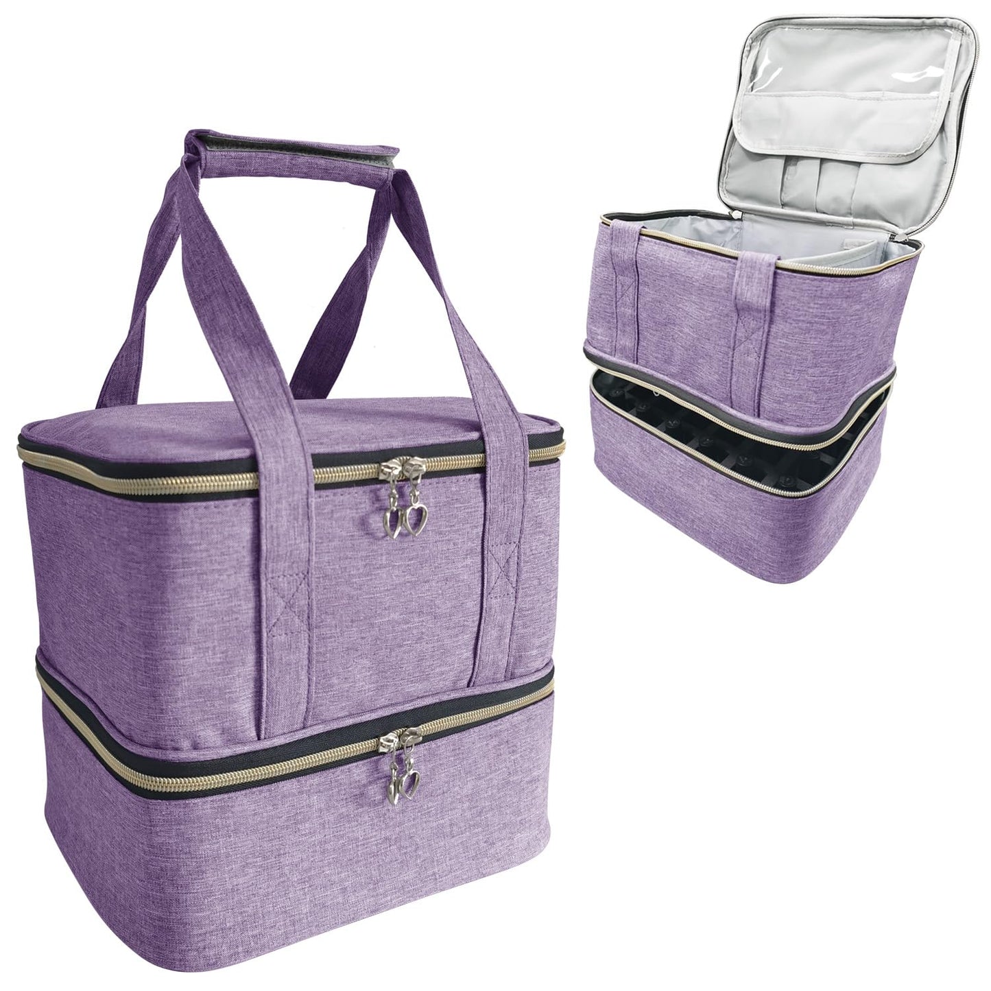 VVWAYSE Nail Polish Organizer and Nail Lamp Case, Nail Kit Organizer Holds 30 Bottles and Nail Lamp, Updated-slots, Weight Capacity with Handle, Heart Shaped Two-way Zipper (Purple)