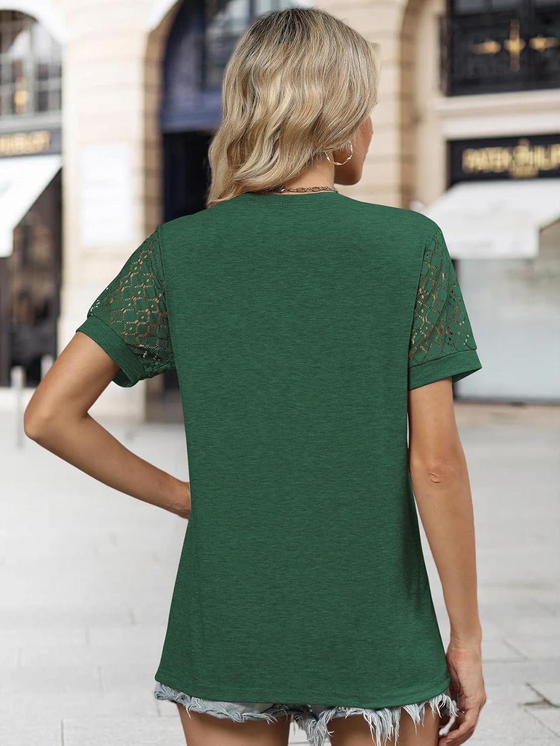 Women's Summer Casual Crewneck Lace Sleeve Top - Cute Blouse for Beach Vacation