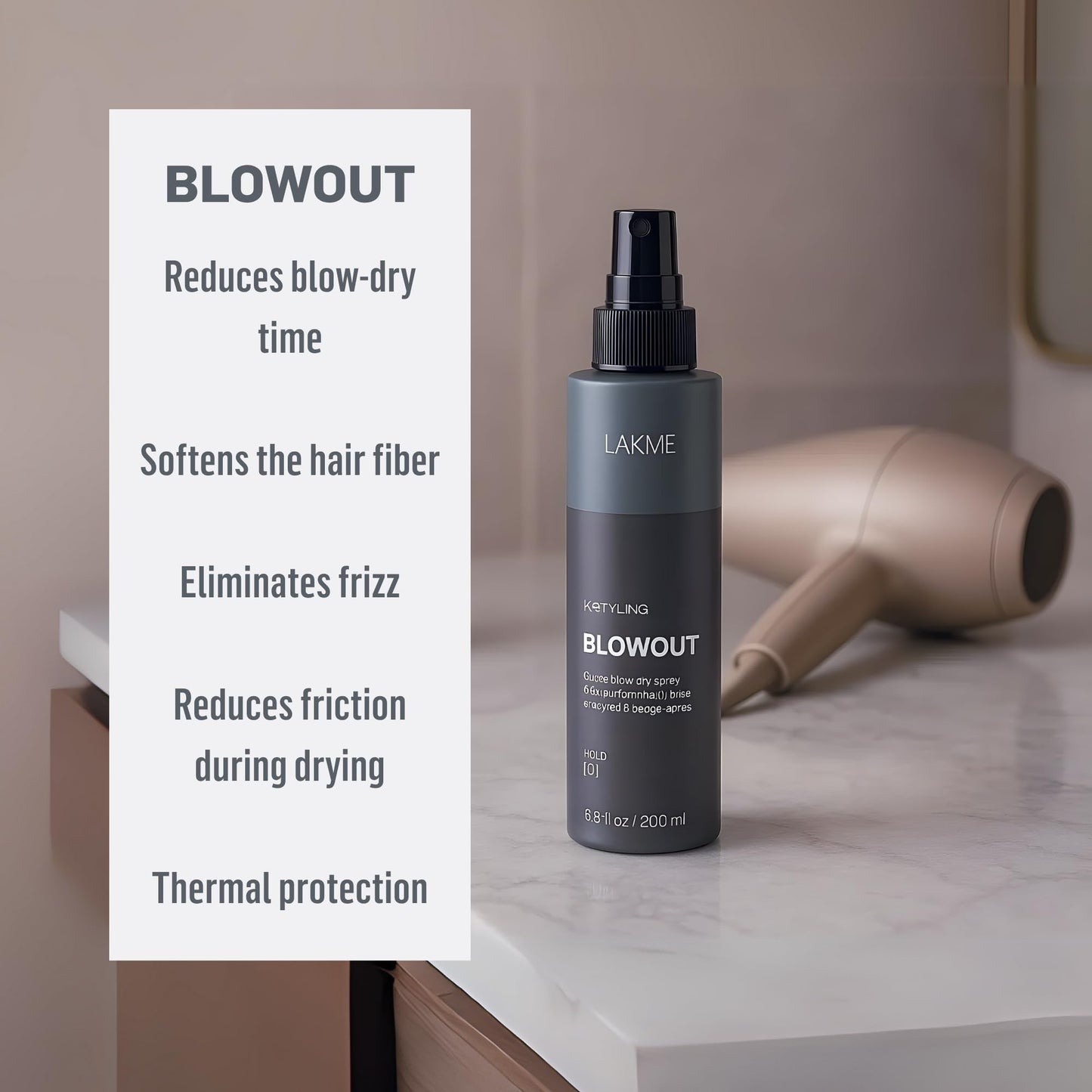 Lakmé K.Styling Blowout Blow Dry Spray, Dry Heat Protectant Spray for Hair, Frizz Control, 6.8 Fl Oz