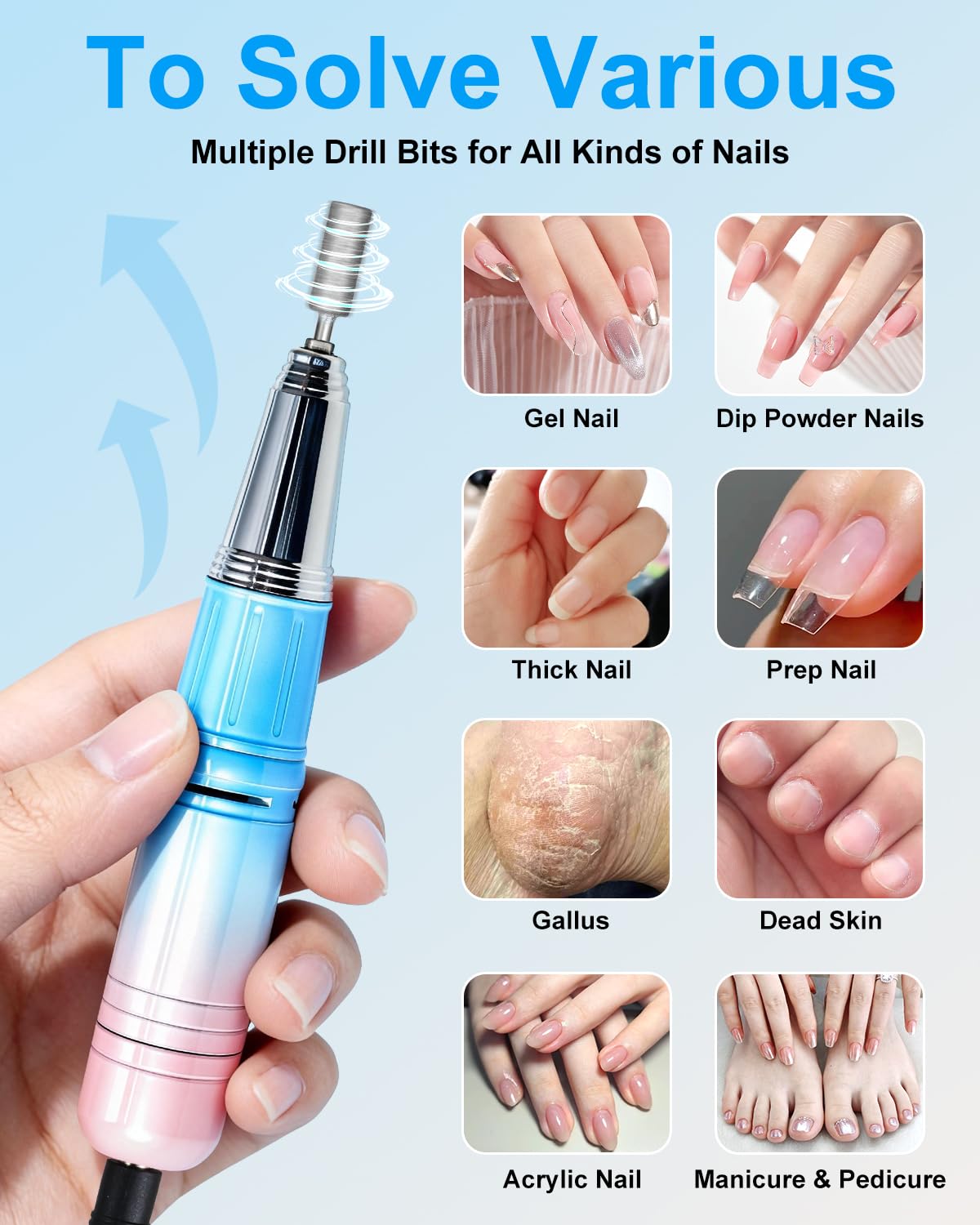 Professional Electric Nail Drill Kit - 45000RPM Cordless Rechargeable Efile for Acrylic & Gel Nails | Gradient Blue