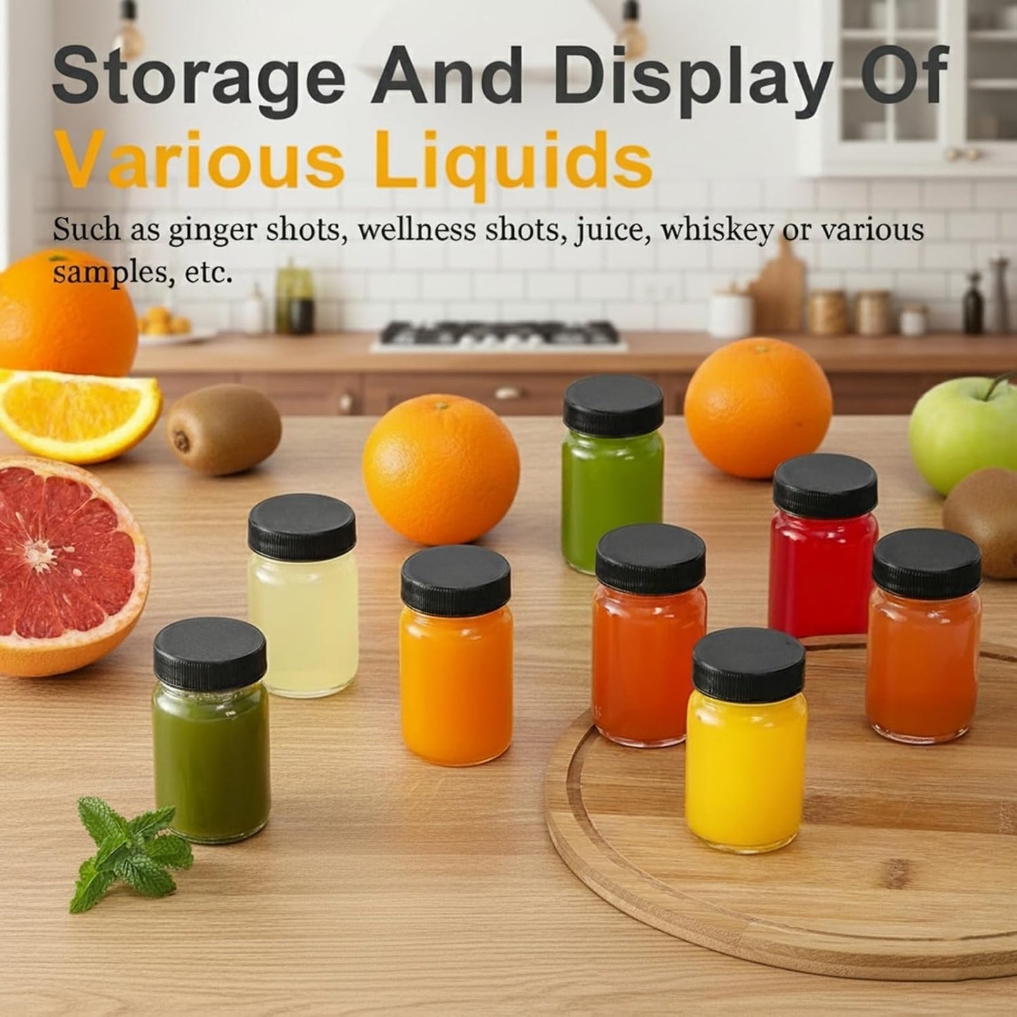 **16 Pack 2oz Glass Shot Bottles - Leakproof Mini Jars with Black Caps for Juicing & Party Favors | ml & oz Scale**