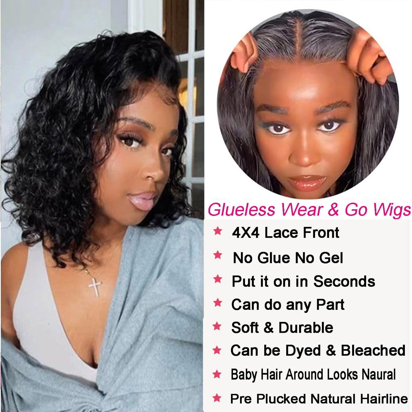Potoki Short Bob Wig Human Hair 4x4 Glueless Wigs Human Hair Pre Plucked Pre Cut Deep Wave HD Lace Closure Human Hair Wigs For Black Women Curly Wig (12 Inch)