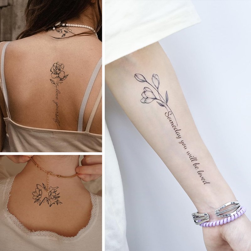 Oottati Waterproof Temporary Tattoo 10 Sheets of Simple Flower Leaf Moon Line Drawing Suit for Back Arm Women and 7 Sheets of Small Flower