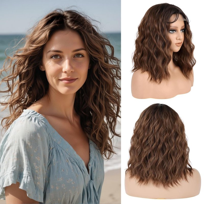 LEEONS Ombre Chestnut Brown Wavy Wig for Women - 16 inch Medium Length, Heat Resistant Synthetic Hair, Middle Part, Natural Look for Daily Use, Party & Halloween